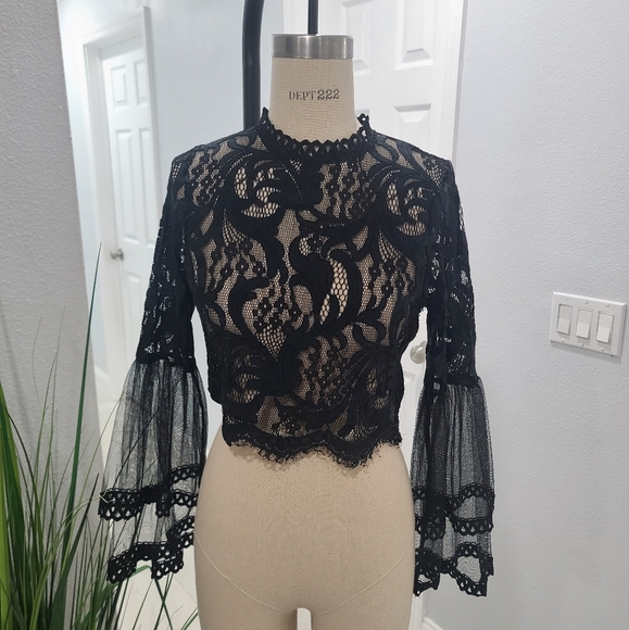 Long Bell Sleeve Black Lace Zip Back Blouse - Picture 1 of 5